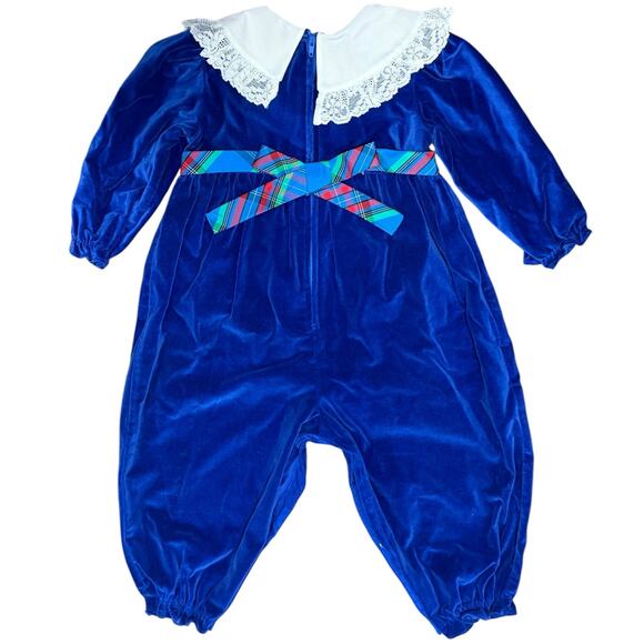 Vintage 80s Blue Velvet Toddler Christmas Romper One Piece Suit 18 Months Lace - Picture 4 of 7